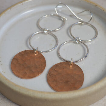 Sterling Silver And Copper Circle Drop Earrings, 2 of 3