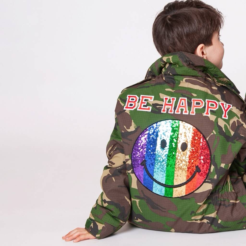 Sequin Smiley Face Personalised Kids Camo Jacket, 1 of 7