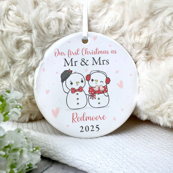 Couples Snowman Ceramic Disc Hanging Decoration Bauble + Gift Box, 4 of 7