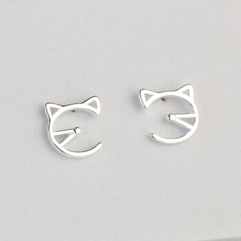 Sterling Silver Minimalist Cat Face Stud Earrings, 4 of 6