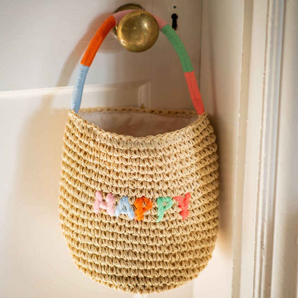 Embroidered Happy Woven Straw Bag, 1 of 5