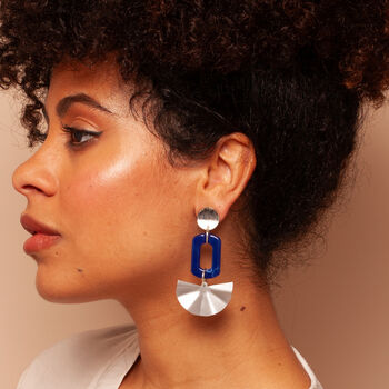 Inez – Blue And Silver Fan Art Deco Acrylic Statement Dangle Earrings, 4 of 6
