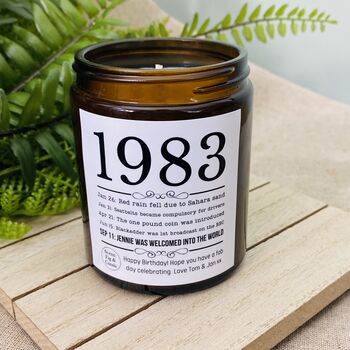 Personalised 40th 1983 Timeline Birthday Amber Candle, 2 of 5