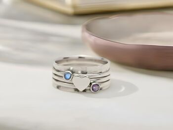 Sterling Silver Amethyst And Rainbow Moonstone Worry Ring – Wide Hammered Spinner Band, 2 of 4