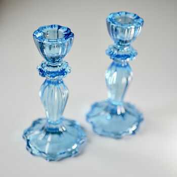 Pair Of Blue Glass, Lace Edge Candlesticks, 2 of 9