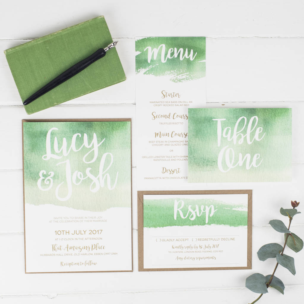 Green Watercolour Wedding Invitation Set By Russet And