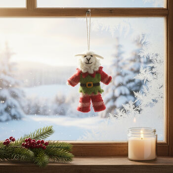 Handmade Felt Elfie Sheep Hanging Christmas Decoration, 2 of 3