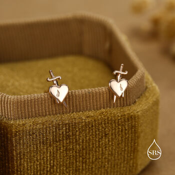 Sterling Silver Dagger Heart Stud Earrings, 2 of 12