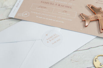 Beige Wedding Boarding Pass Save The Date With Rose Gold Magnetic Plane, 5 of 7