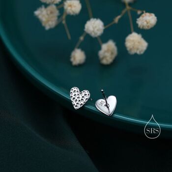 Sterling Silver Hammered Heart Stud Earrings, 4 of 9