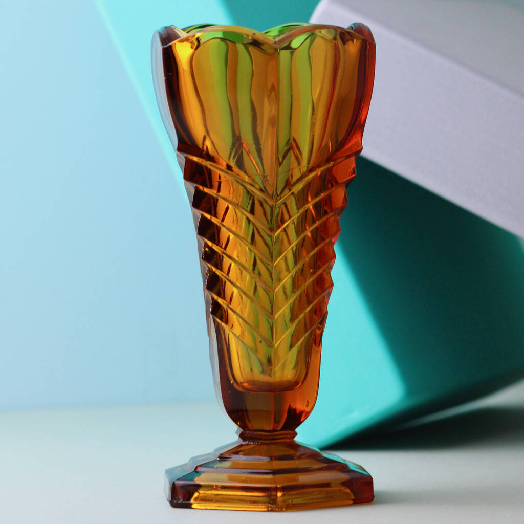 Vintage Amber Mid Century Art Deco Glass Vase, 1 of 4