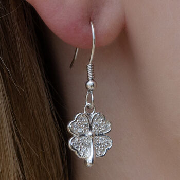 Sterling Silver Crystal Four Leaf Clover Earrings, 5 of 5