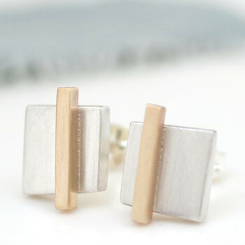 Geometric Earrings. Square Silver And 9ct Gold Studs, 9 of 11