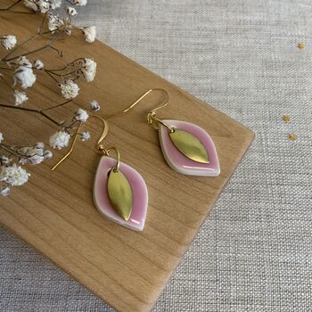 Handmade Baby Pink Ceramic Leaf Earrings Gold Plated, 6 of 8