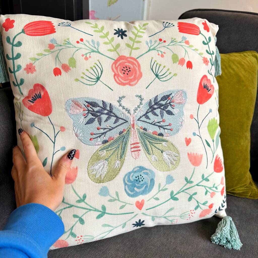 Floral Butterfly Cushion With Embroidery And Tassels, 1 of 6