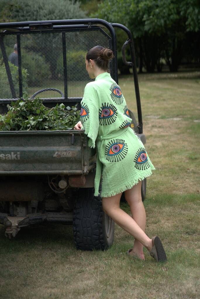 Organic Short Cotton Kimono: Bright Green Eye, 1 of 3