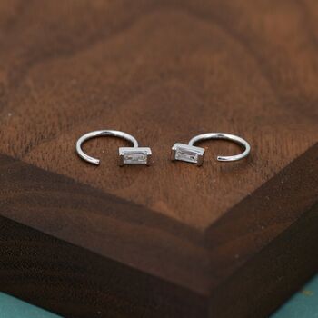 Vertical Baguette Cut Cz Huggie Hoop Earrings In Sterling Silver, 2 of 11
