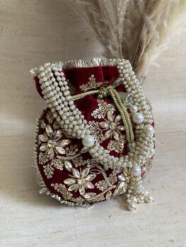 Maroon Velvet Handcrafted Potli Bag, 9 of 10