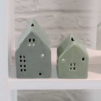 Glazed Ceramic Candle House In Sage Green Or Teal, 2 of 3