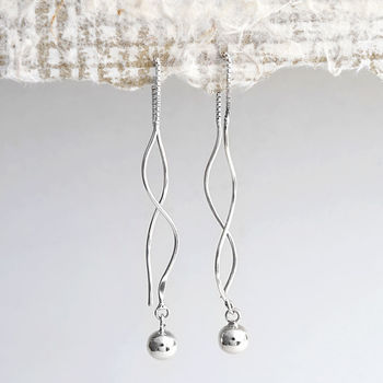 Sterling Silver Wave And Ball Threader Earrings, 3 of 5