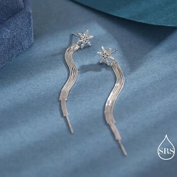 Snowflake Dangle Drop Stud Earrings In Sterling Silver With Tassels, 7 of 12