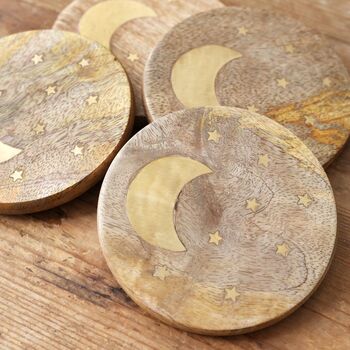 Set Of Four Wooden Crescent Moon Coasters, 5 of 5