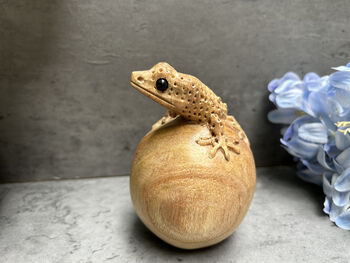 Hand Carved Wooden Gecko On Egg Ornament Figurine Gift, 5 of 12