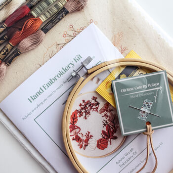 Autumn Wreath With Pumpkins And Mushrooms, Beginner Embroidery Kit, Hand Embroidery Gift, 2 of 5