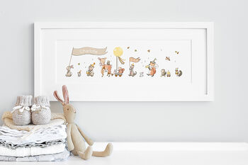 Personalised Framed Woodland Baby Animal Parade Print, 2 of 11
