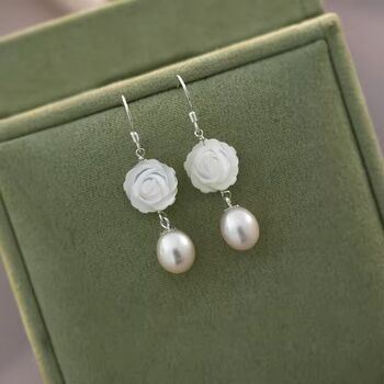 Dolce Roses White Ivory Pearl Drop Flower Gift Earrings, 2 of 4