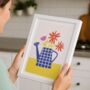 Cheerful Watering Can Floral Print Modern Botanical Art, thumbnail 1 of 5