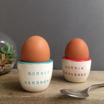 Mornin' Handsome! Pair Of Handmade Ceramic Egg Cups, 2 of 3