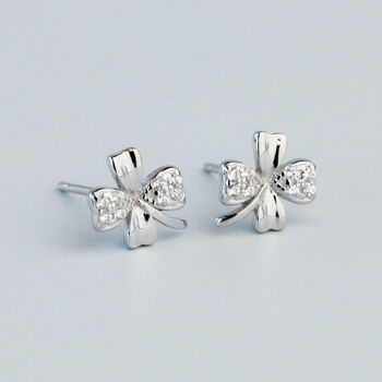 Sterling Silver Sparkly Four Leaf Clover Stud Earrings, 2 of 5
