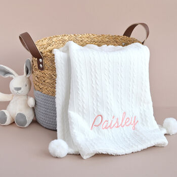 Personalised Cable Knit Baby Blanket Pom Poms, 9 of 9