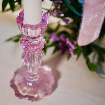 Pair Of Pink Glass Lace Edge Candlesticks, 5 of 11