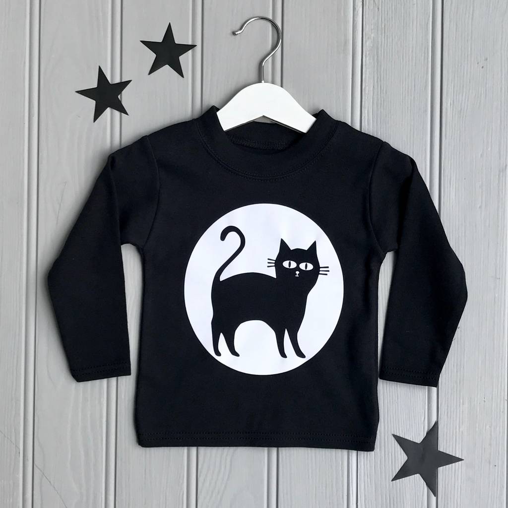 kids halloween t shirt cat and moon print by littlechook personalised