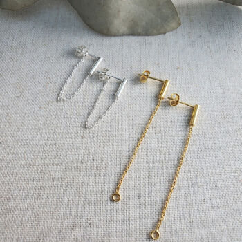 Gold Vermeil Bar And Chain Dangle Ear Stud Earrings, 6 of 7