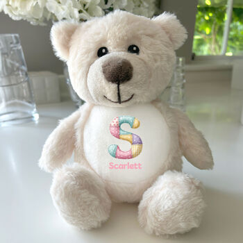 Personalised Patchwork Alphabet Cream New Baby Teddy Bear, 7 of 7