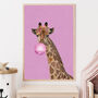 Pink Giraffe Bubble Gum Blowing Wall Art Print, thumbnail 1 of 9