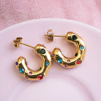 Non Tarnish Chunky Hoop Earrings With Colourful Gems, 7 of 8