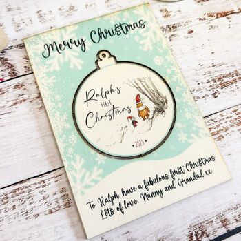 Personalised Pooh Bear Blue First Keepsake Christmas Card, 3 of 6