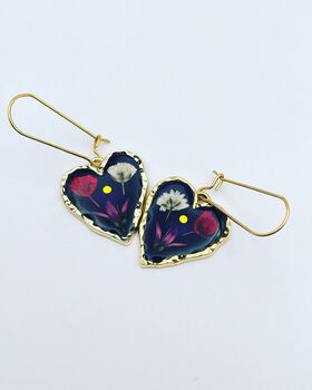 Pressed Flowers Black Heart Earrings Small Hand Made, 3 of 12