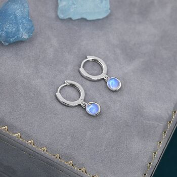 Sterling Silver Dangling Moonstone Oval Hoop Earrings, 2 of 10