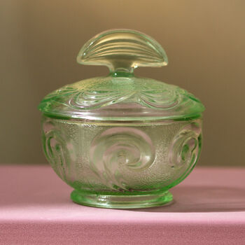Vintage Art Deco Glass Trinket Pot Green, 2 of 4