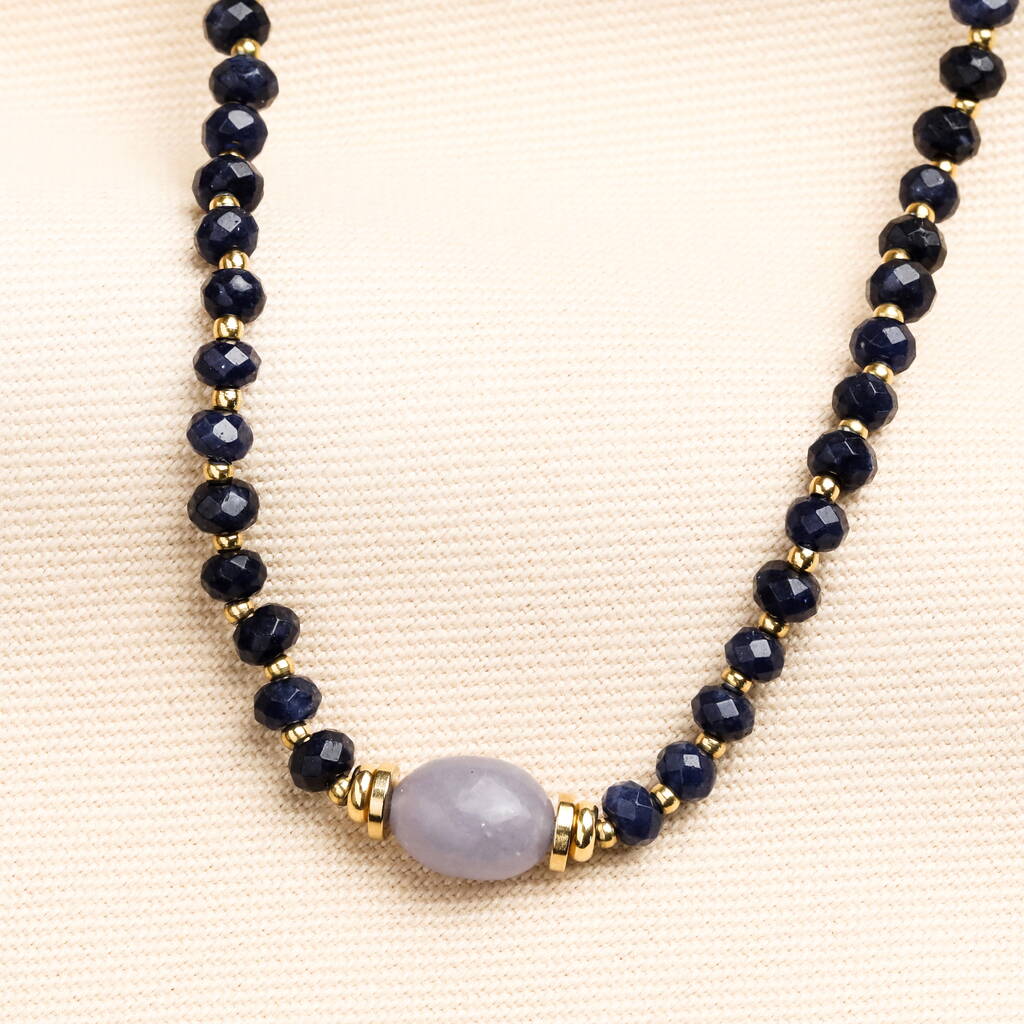 Navy Semi Precious Stone Beaded Necklace In Gold, 1 of 2