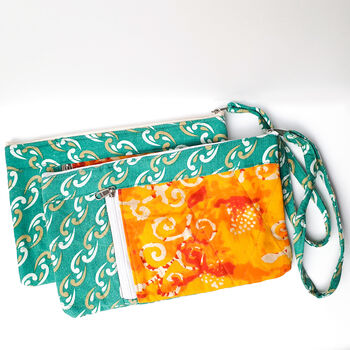 Fair Trade Wristlet Clutch With Strap, Handmade Teal Yellow Wallet Purse, 3 of 8