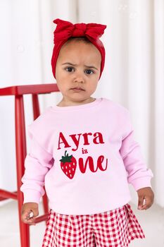 Personalised Summer Strawberry Embroidered 'One' First Birthday Sweatshirt Jumper, 3 of 7