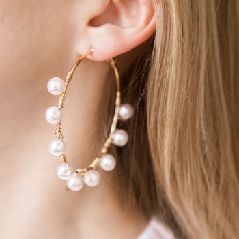 Gold Colour Large Hoop Earrings With Pearl Detail, 2 of 2