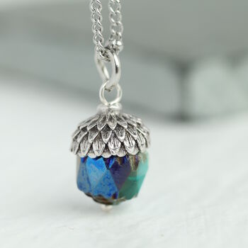 Peacock Blue Silver Acorn Necklace, 2 of 12