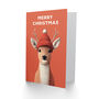 Cute Reindeer Calf Wearing Red Knitted Hat Christmas Card, thumbnail 2 of 4